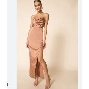 SUPERDOWN Farah Copper Satin Midi Dress Strapless Cowl XXS Side Slit Glam